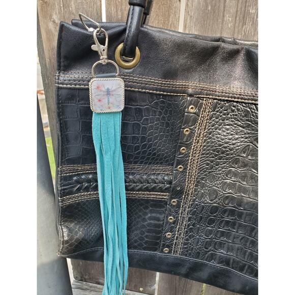 Handmade dragonfly lover Leather Fringe Western bag charm, Long fringe keychain - Picture 2 of 4